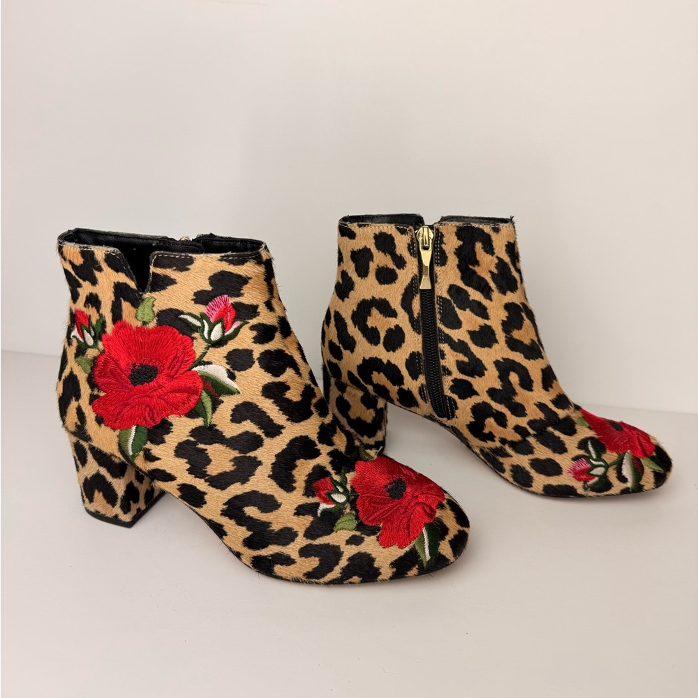 Kate Spade Langton Leopard Real Fur Calf‎ Hair Floral Embroidered Ankle Boots 6 - Picture 2 of 12